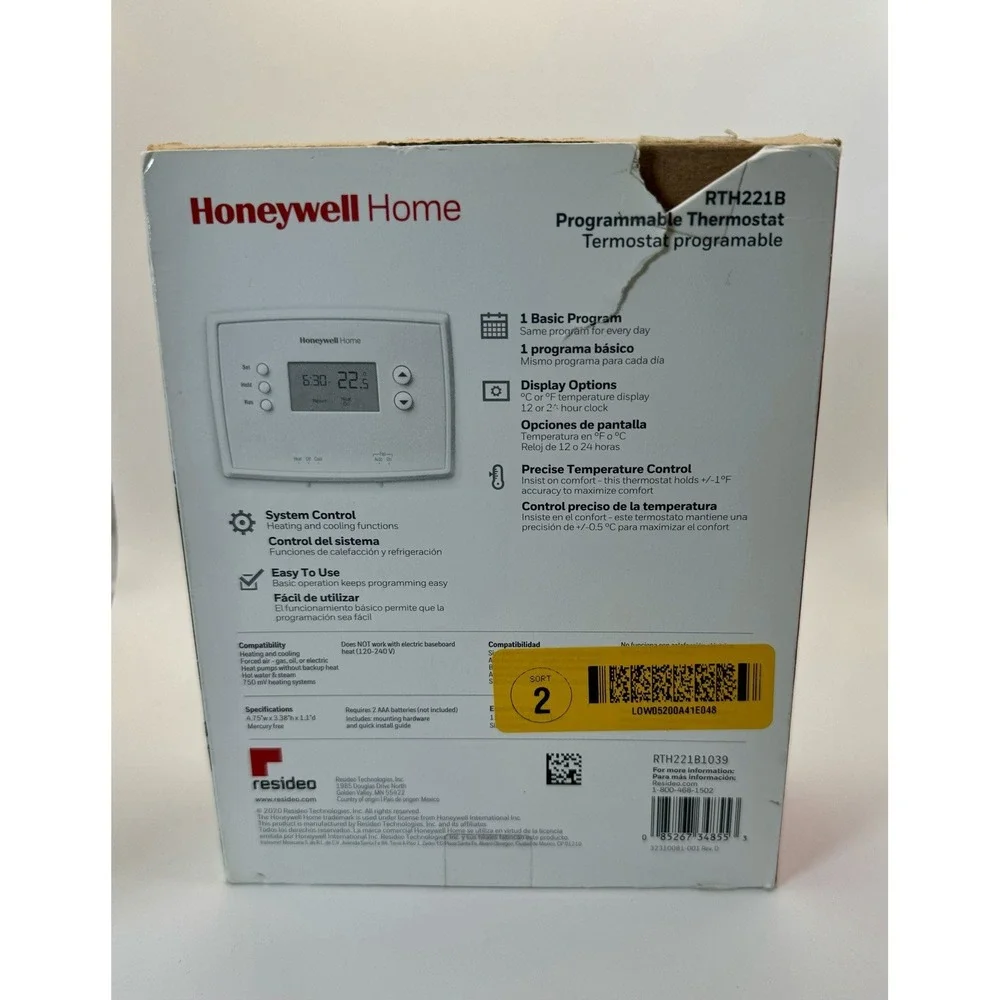 Honeywell Home RTH221B Programmable Thermostat White‎ 1 Basic Program New Open